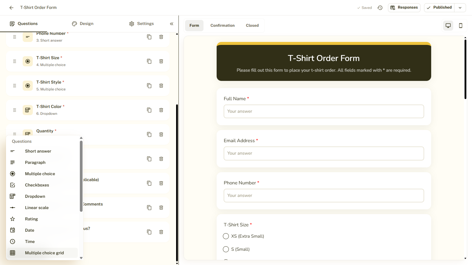 The add question menu