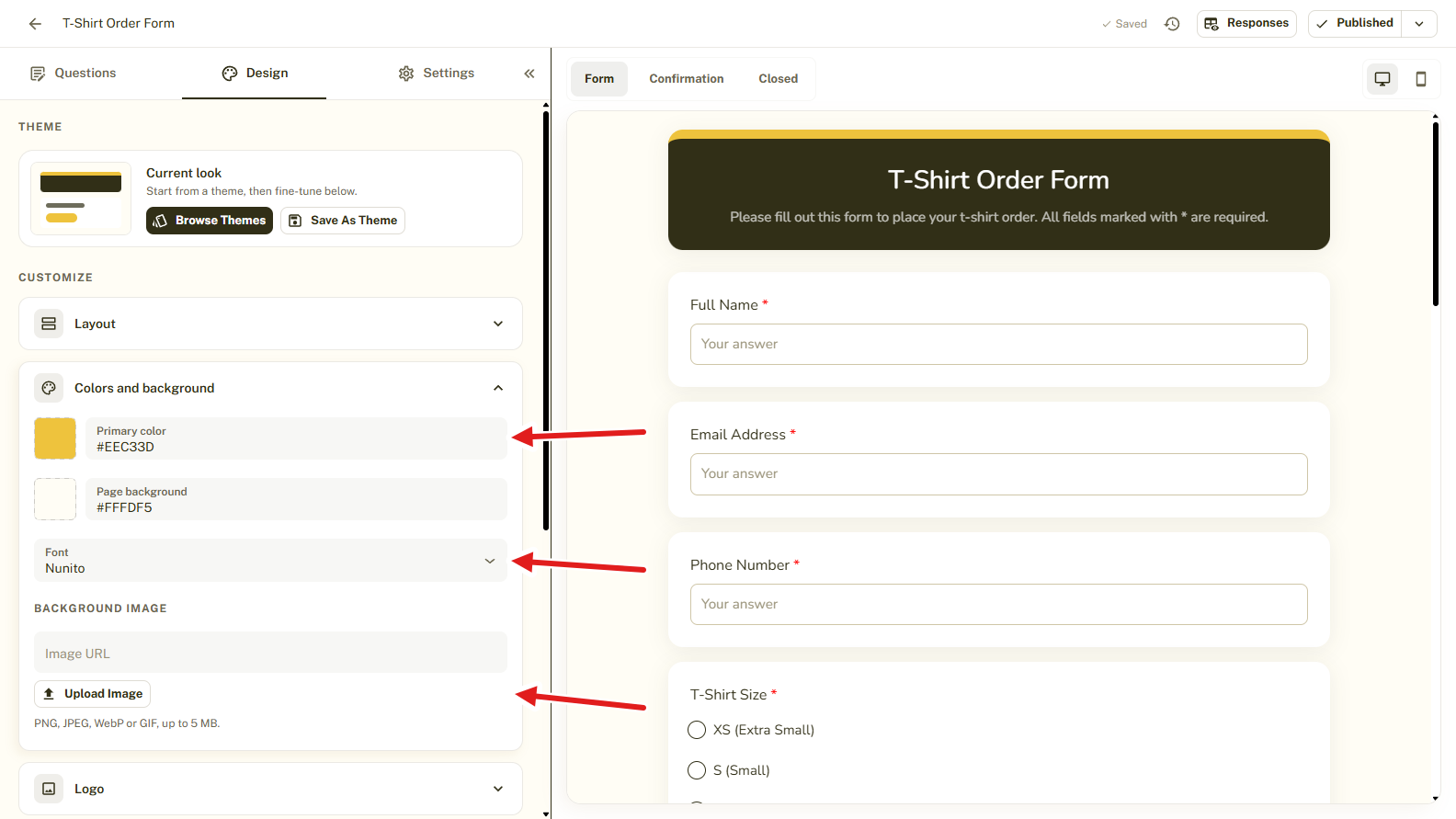 The Colors and background settings in BeeForm with arrows pointing at the primary color, font and background image options