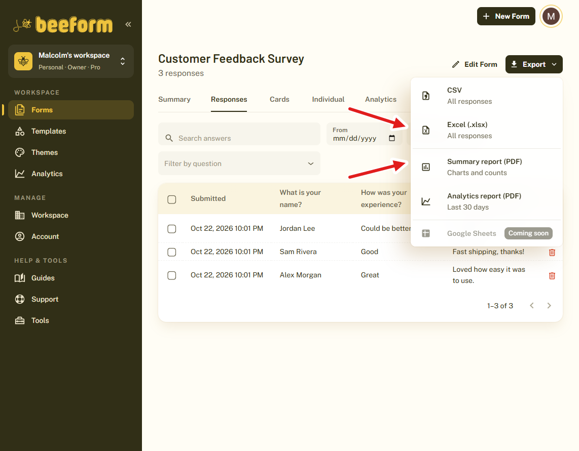 The BeeForm Export menu with arrows pointing at the Excel and PDF summary report options