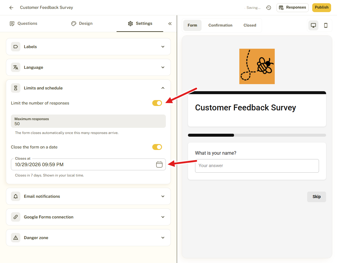 The BeeForm Limits and schedule settings with arrows pointing at the response limit switch and the closing date