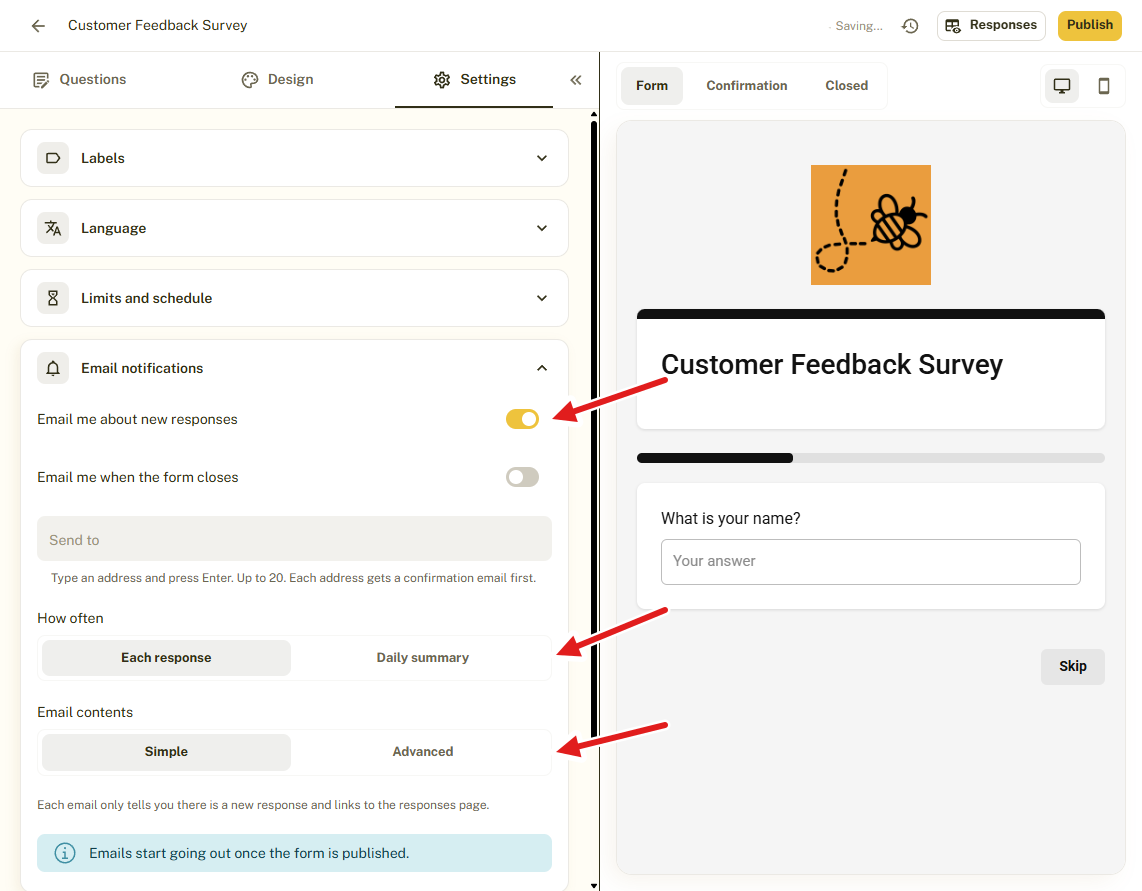 The BeeForm Email notifications settings with arrows pointing at the response alert switch, frequency and email contents