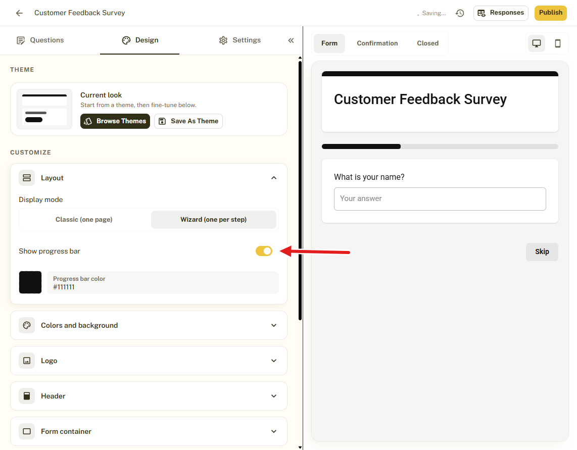 The Wizard mode settings in BeeForm with an arrow pointing at the Show progress bar switch