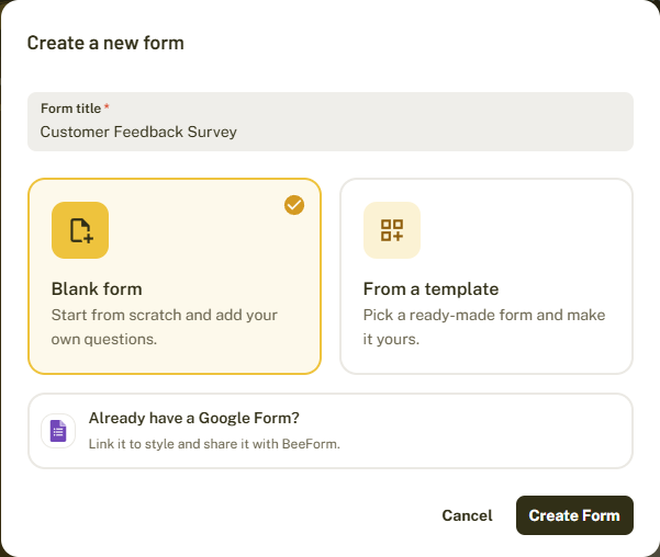 The Create a new form window