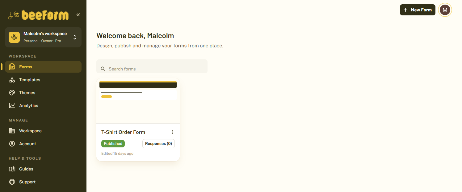The BeeForm Forms list