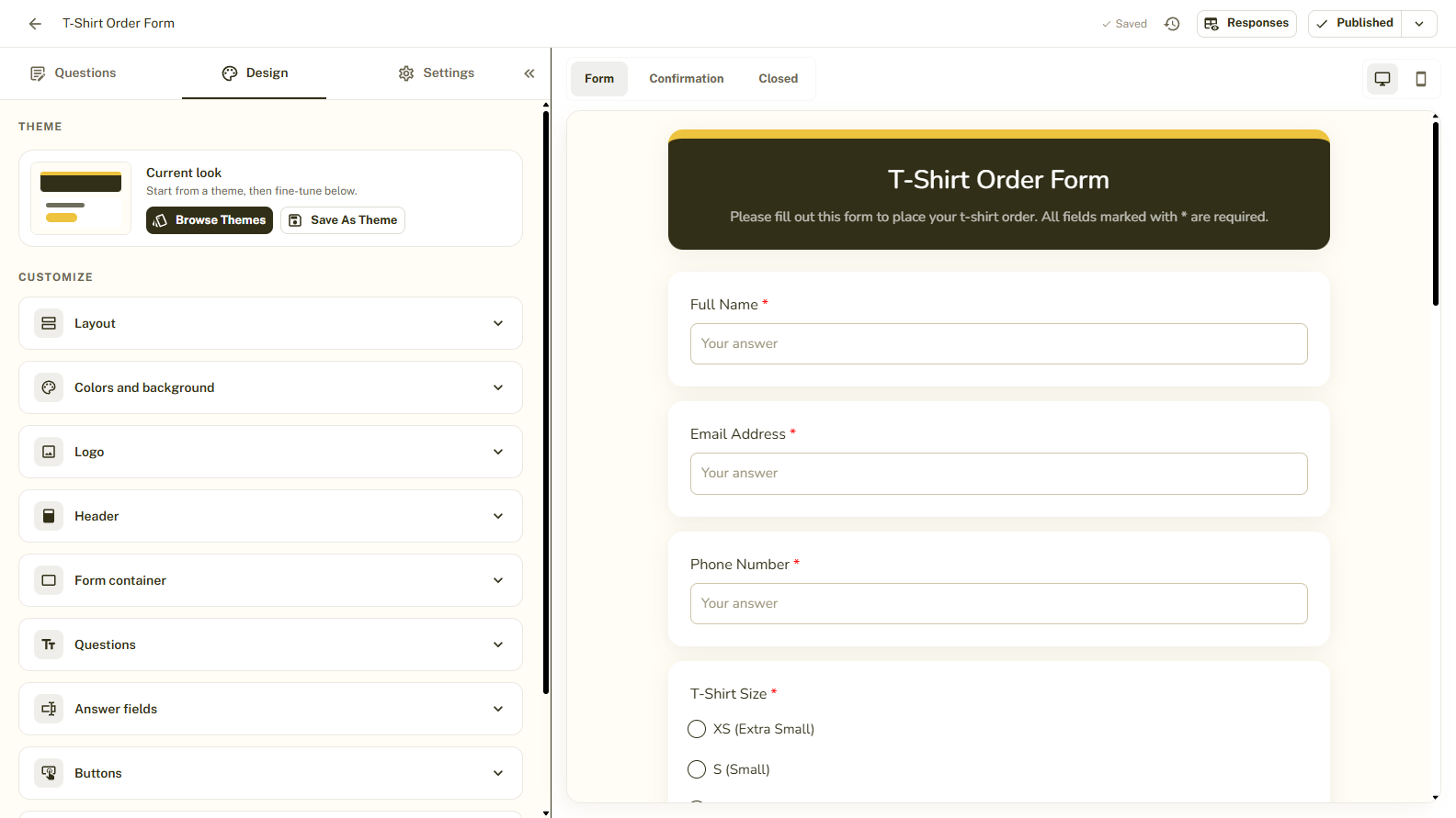 The Theme card on the Design tab