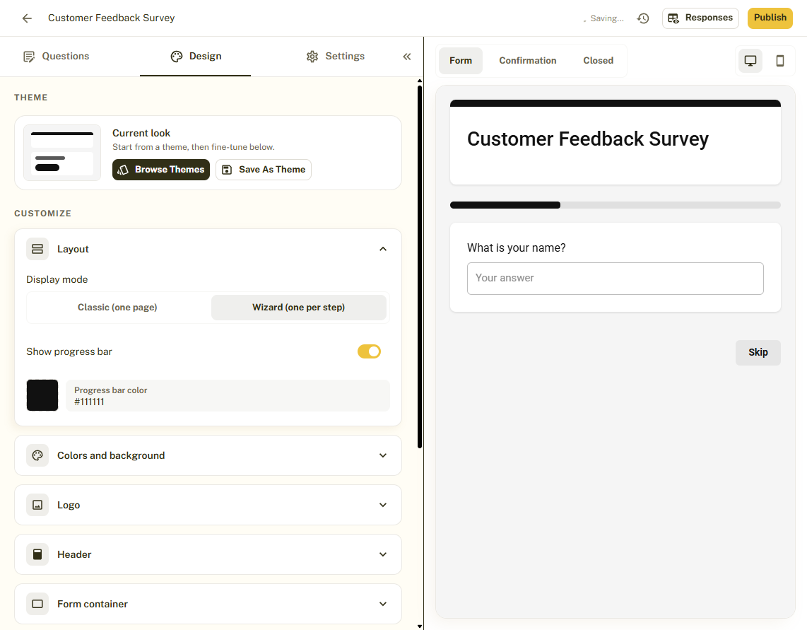 A form in Wizard mode with a progress bar