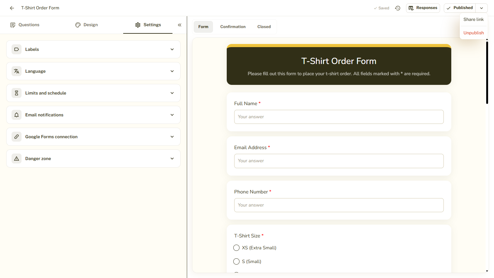The publish options menu