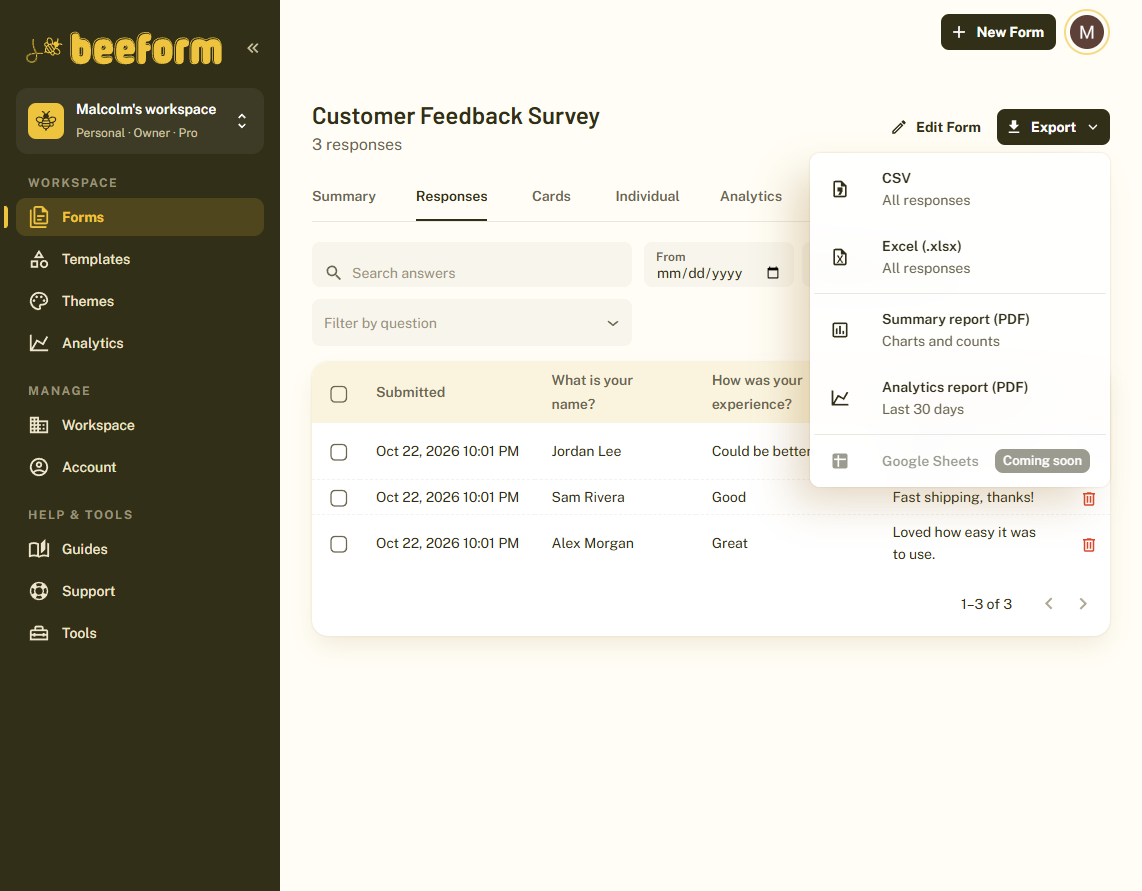 The Export menu