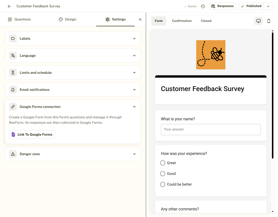 The Google Forms connection section