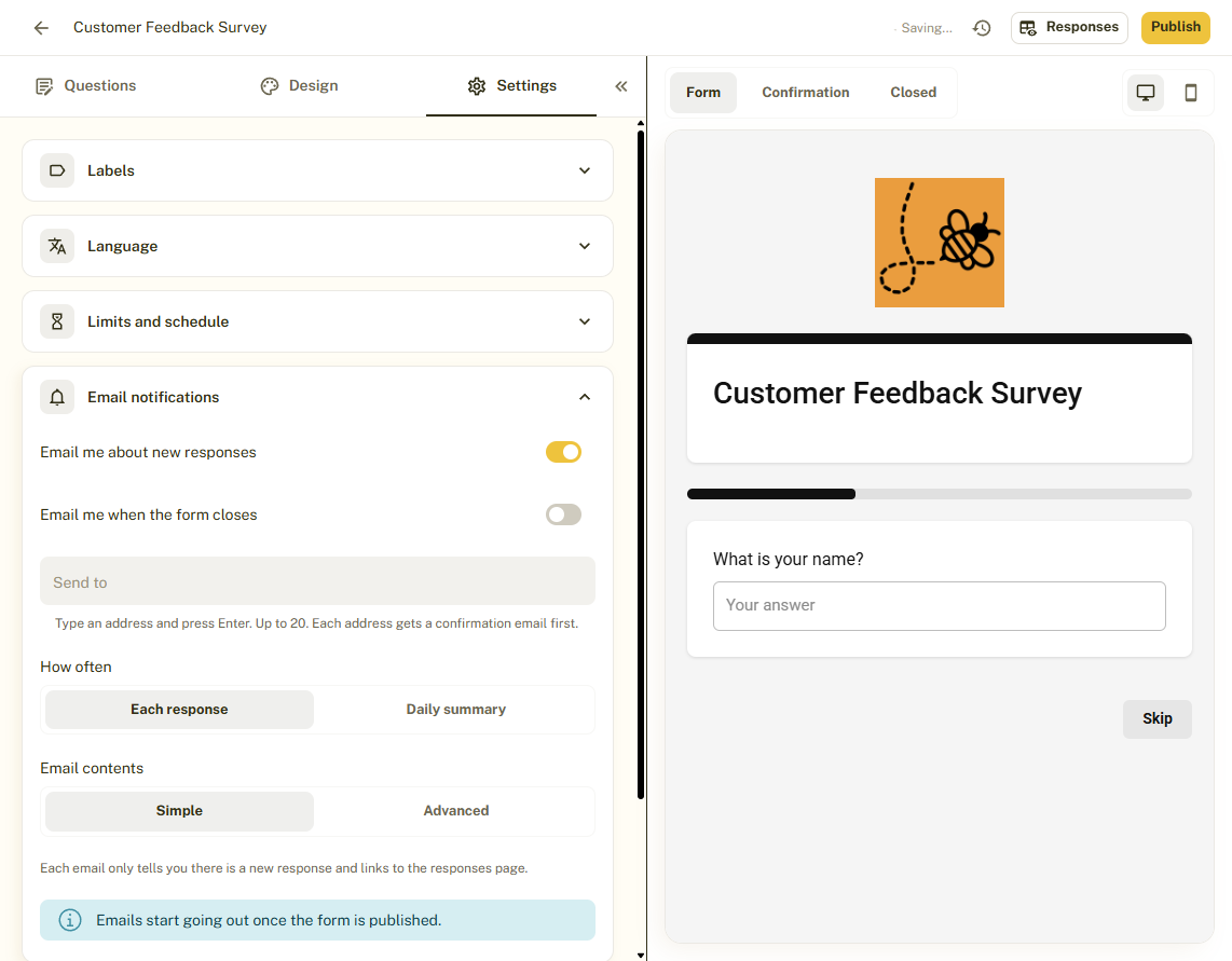 Email notification settings