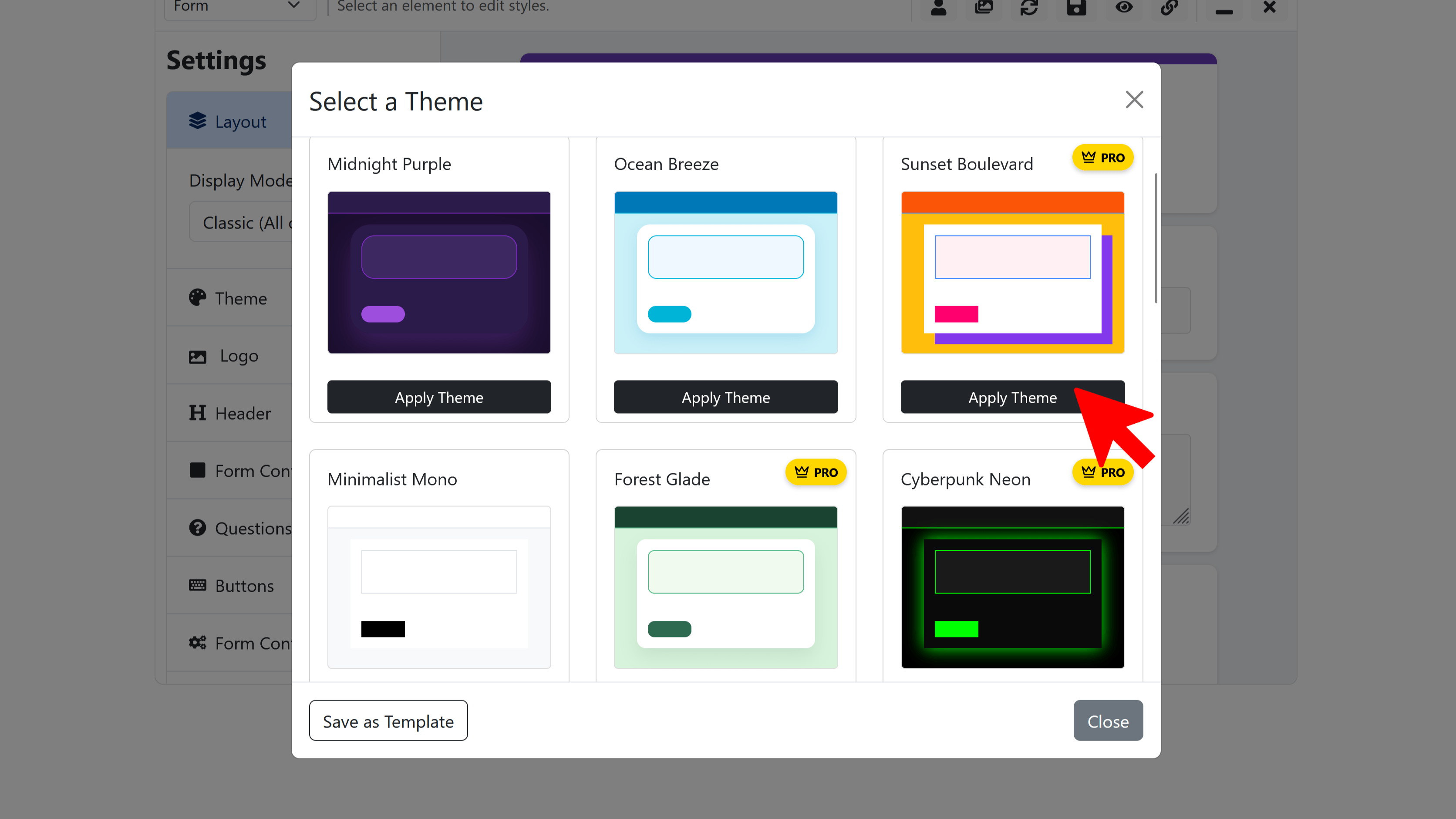 Themes icon in the toolbar