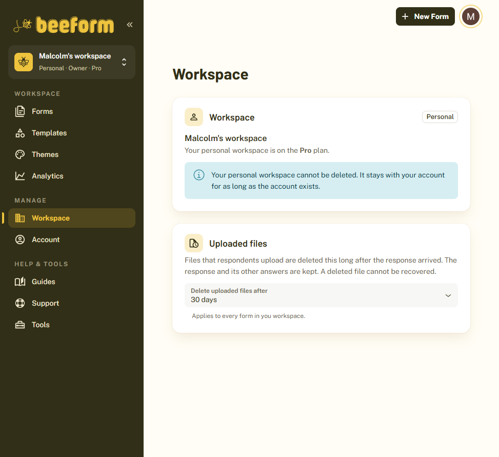 The personal workspace page